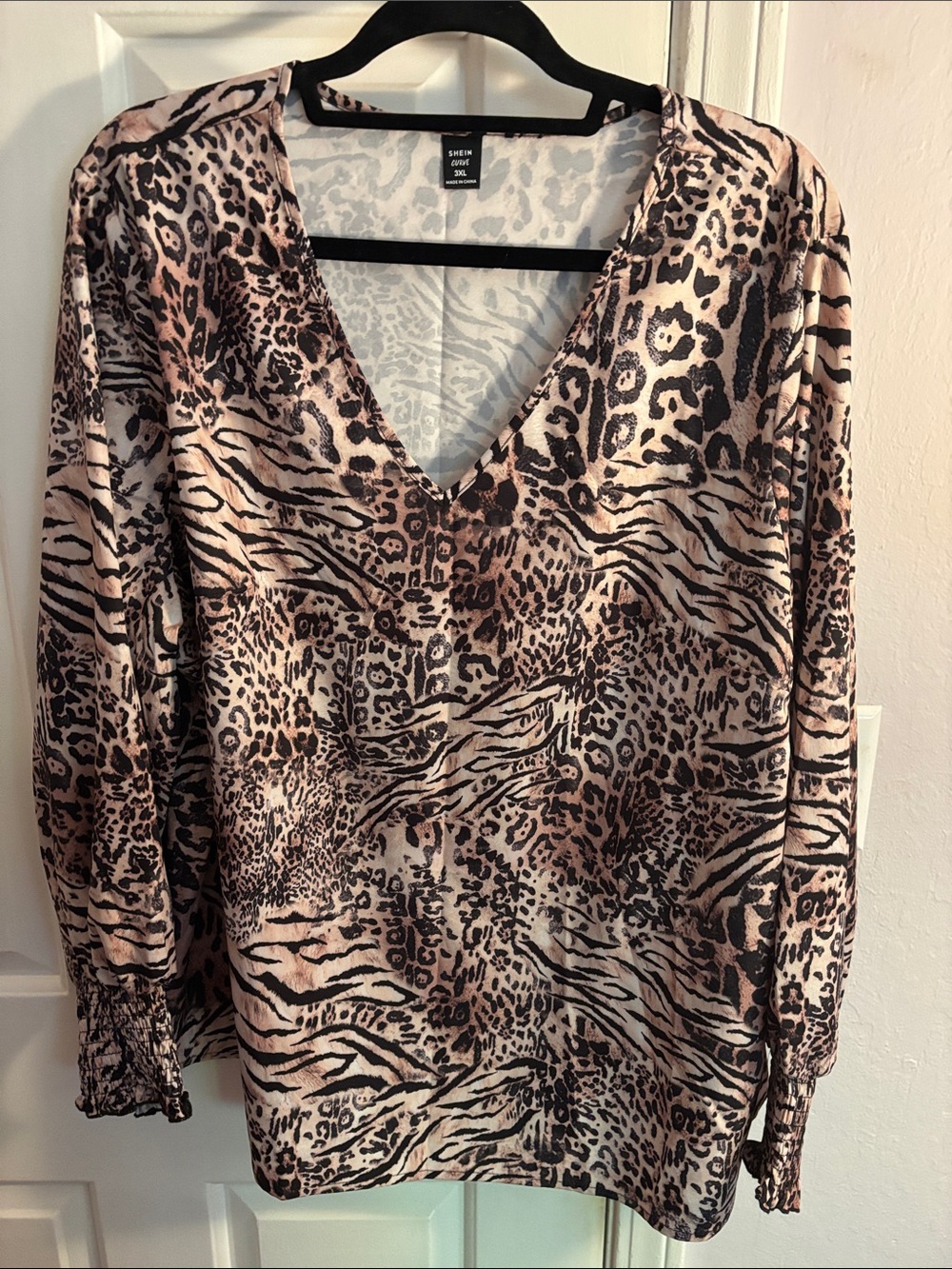 SHEIN Pink and Black Animal Print V-Neck Blouse